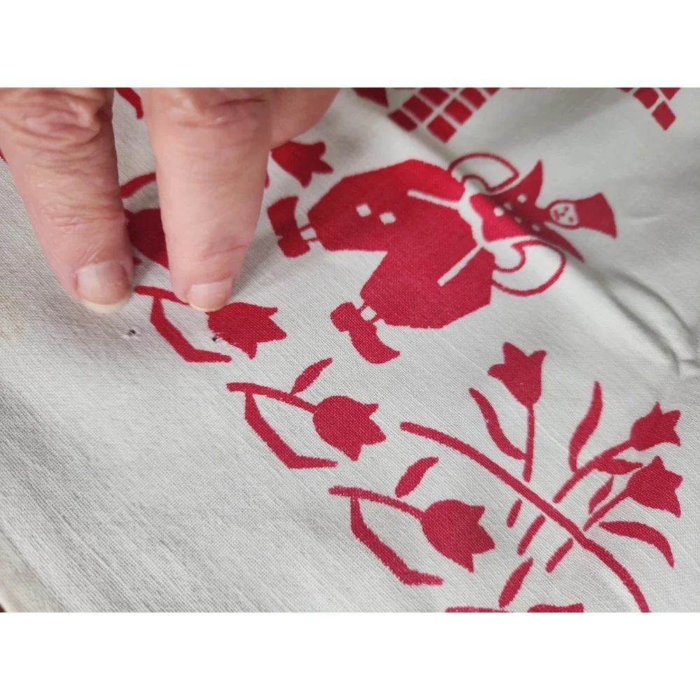 Vtg cotton printed tablecloth red dutch girl boy windmill tulip floral 47 x 46.5